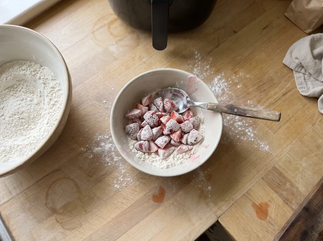 Blotted diced strawberries tossed in a spoonful of the dry flour mix to coat every face