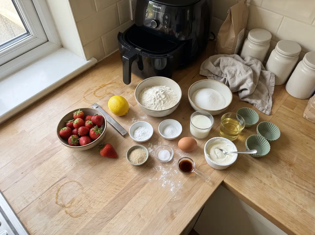 Ingredients for air fryer strawberry muffins: fresh strawberries, freeze-dried strawberries, flour, sour cream, egg, sugar and lemon