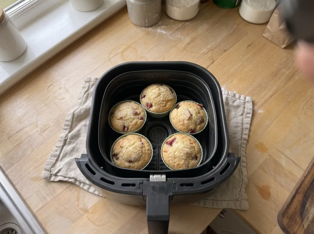 Air fryer strawberry muffins fresh from the basket with domed sugared tops and visible berry flecks