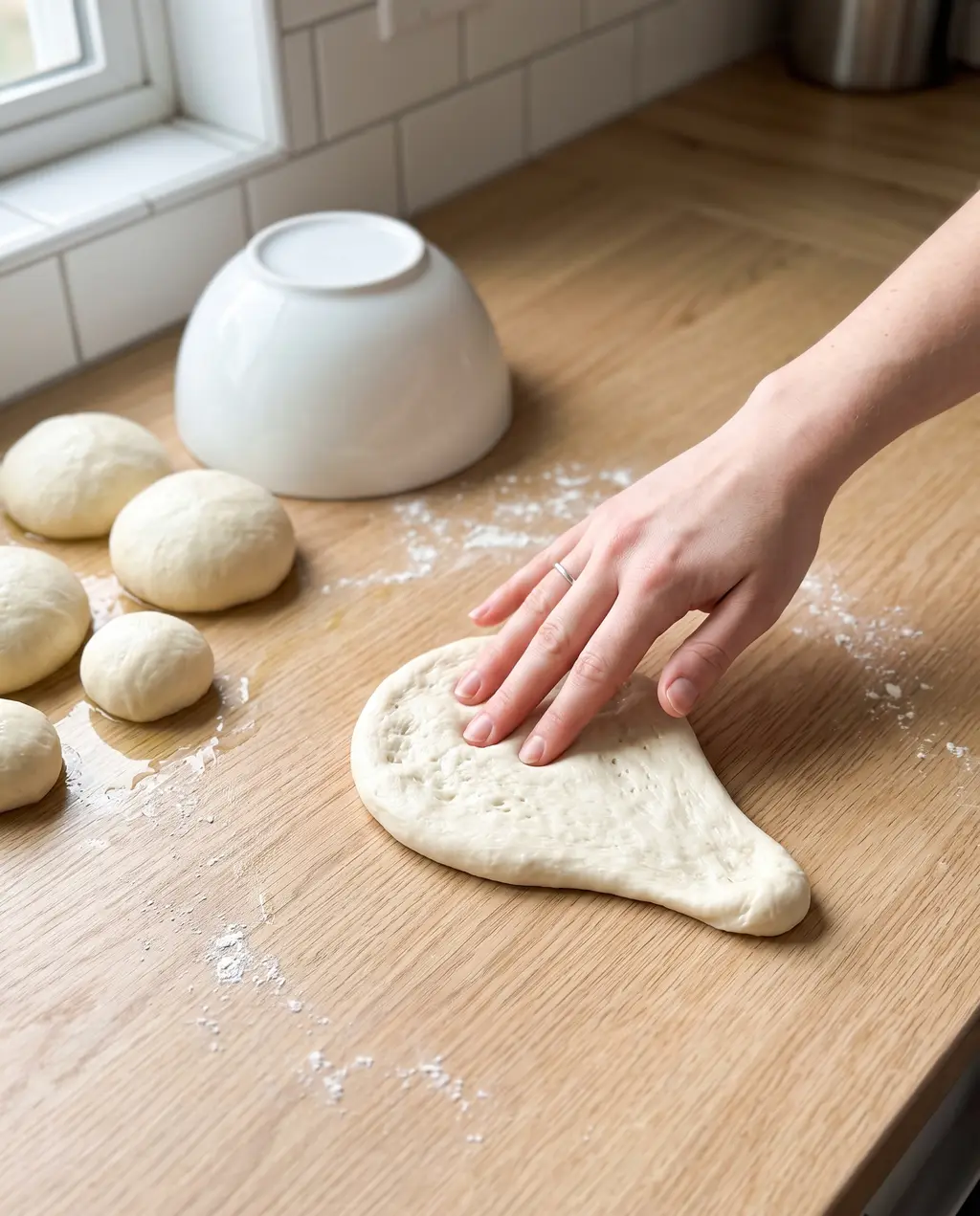 Hand-stretching a rested ball of naan dough into a teardrop on an oiled counter, the other balls resting beside an upturned bowl