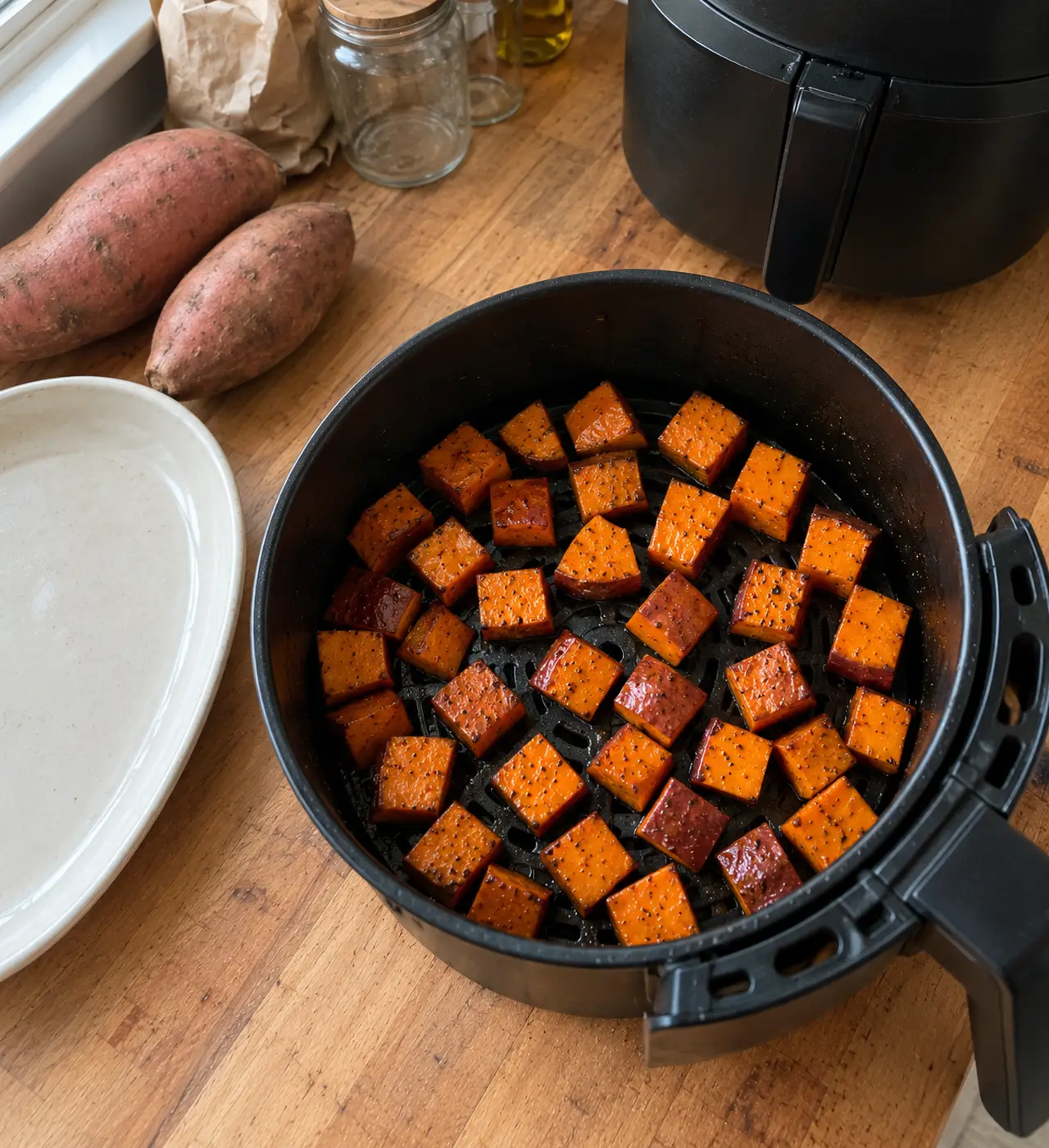 Seasoned sweet potato cubes arranged in a single layer in an air fryer basket