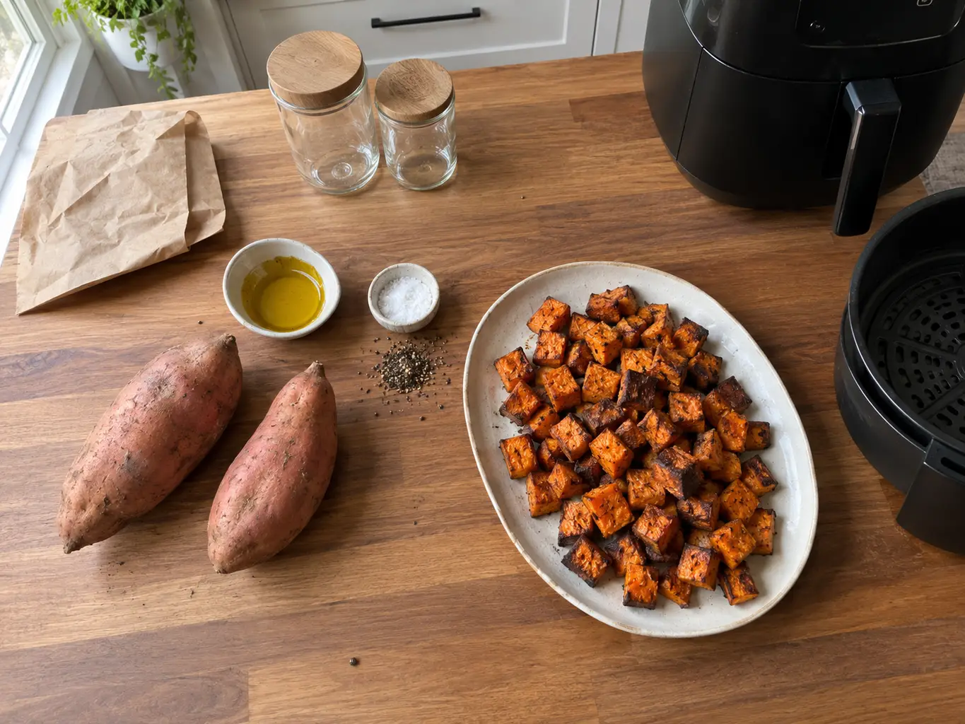 A sweet potato being cut into one inch cubes on a board with the skin left on