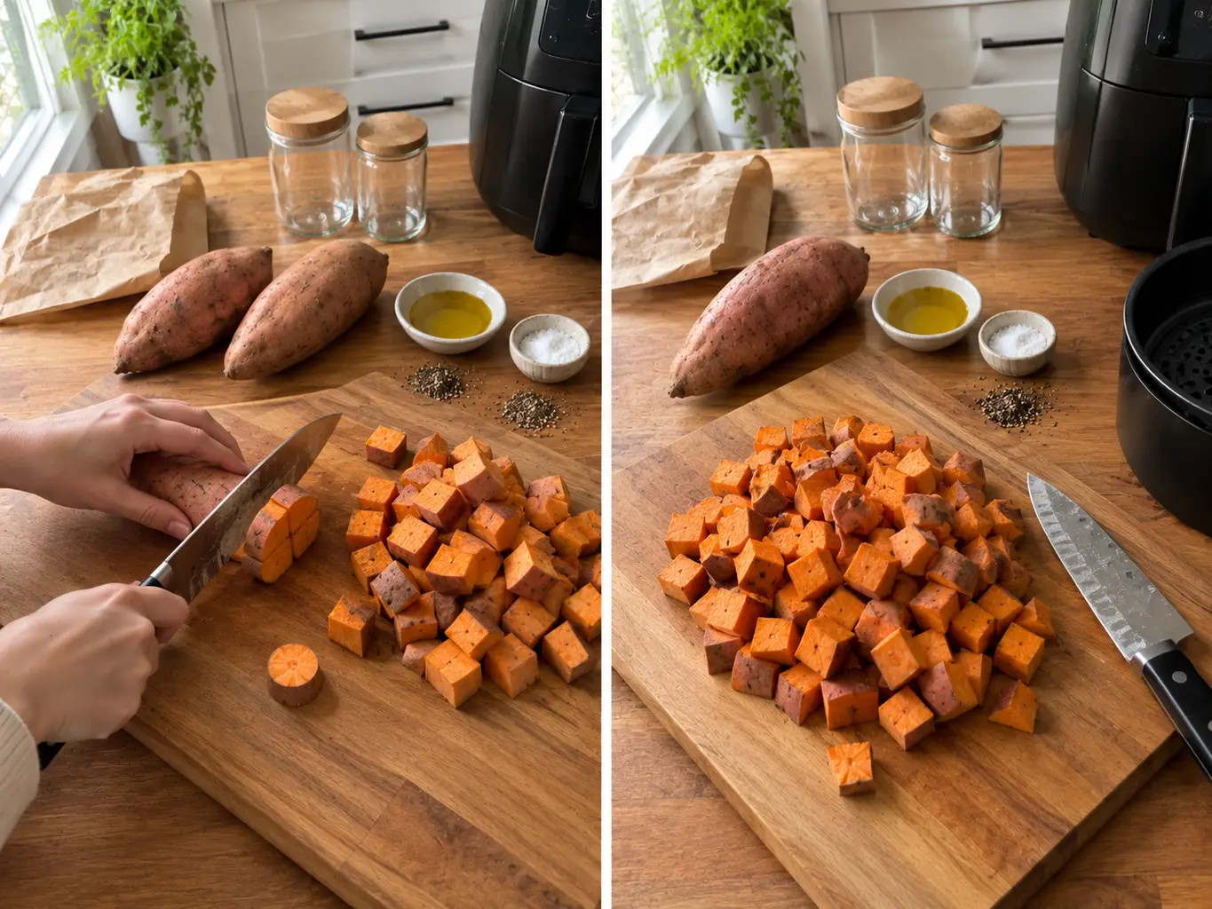 Dried sweet potato cubes on a towel ready for oil and seasoning