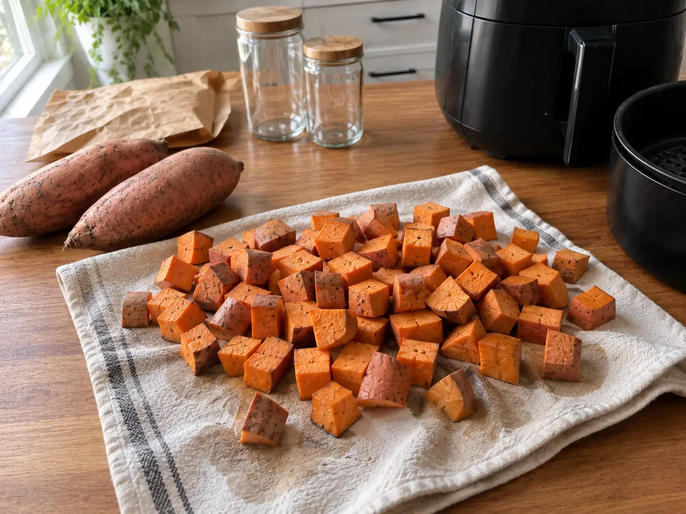 Cubed sweet potatoes being patted dry with a clean kitchen towel