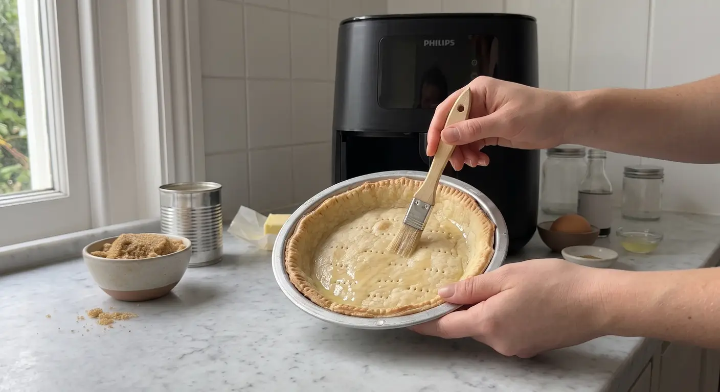 A hand brushing egg white onto the floor of a par-baked pie shell