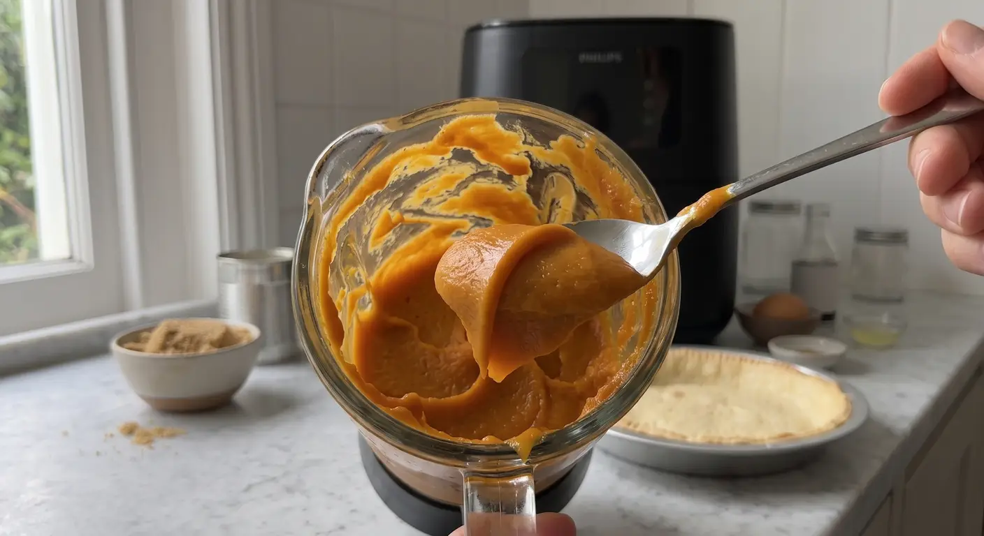 Smooth, glossy sweet potato pie filling being spooned from a blender jar