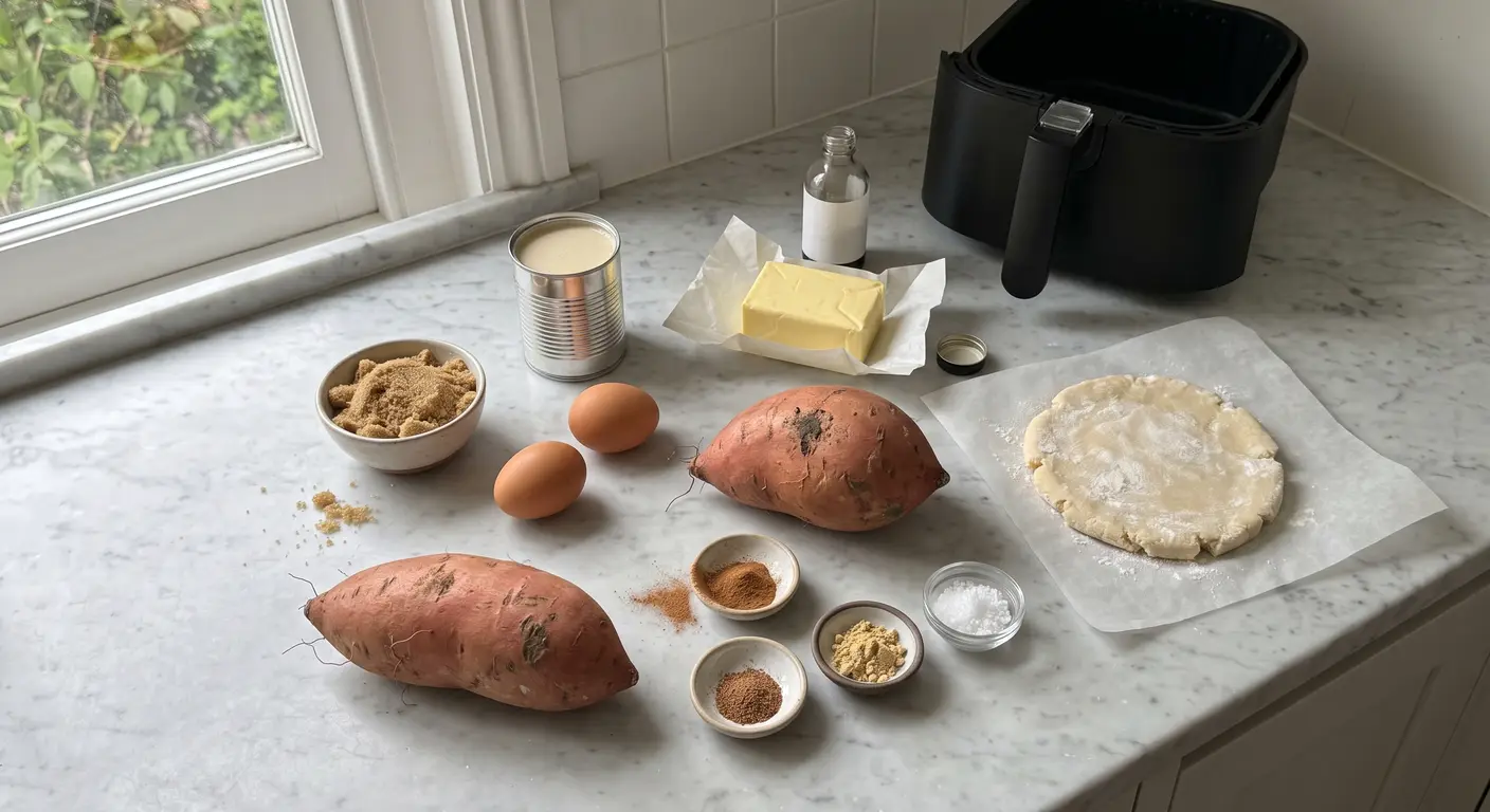 Sweet potato pie ingredients on a marble counter: whole sweet potatoes, a round of pie dough, eggs, evaporated milk, butter, brown sugar and spices