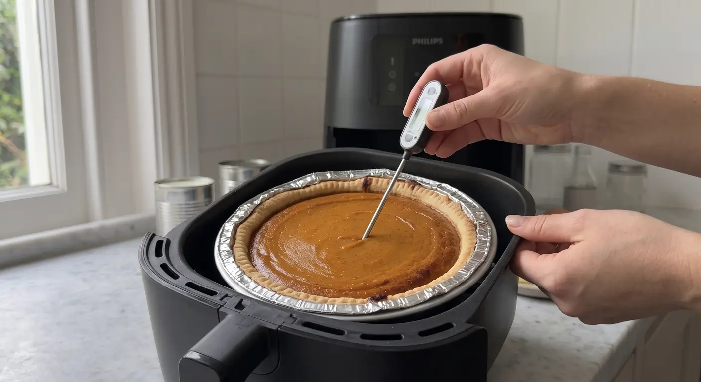 A thermometer probing a baked sweet potato pie with a foil ring on its rim in an air fryer basket