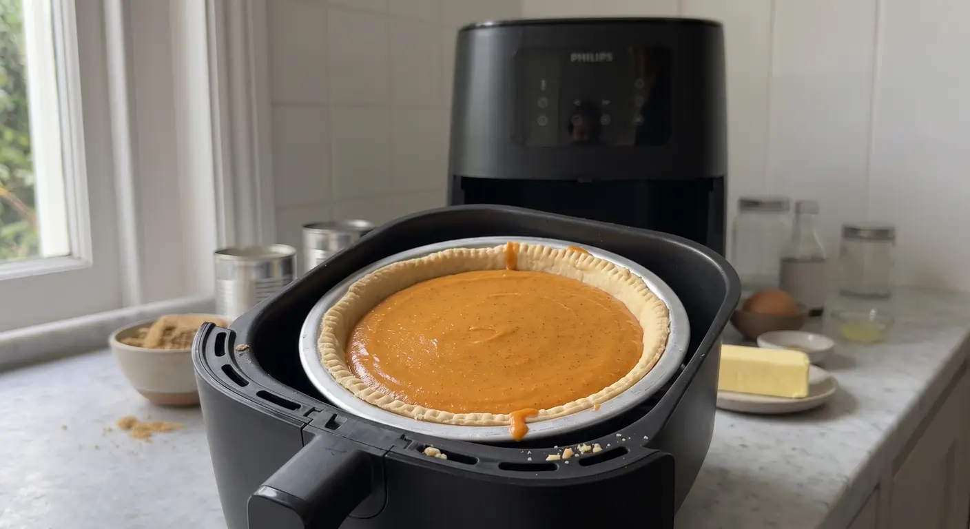 An unbaked sweet potato pie in a Philips air fryer basket, ready to bake