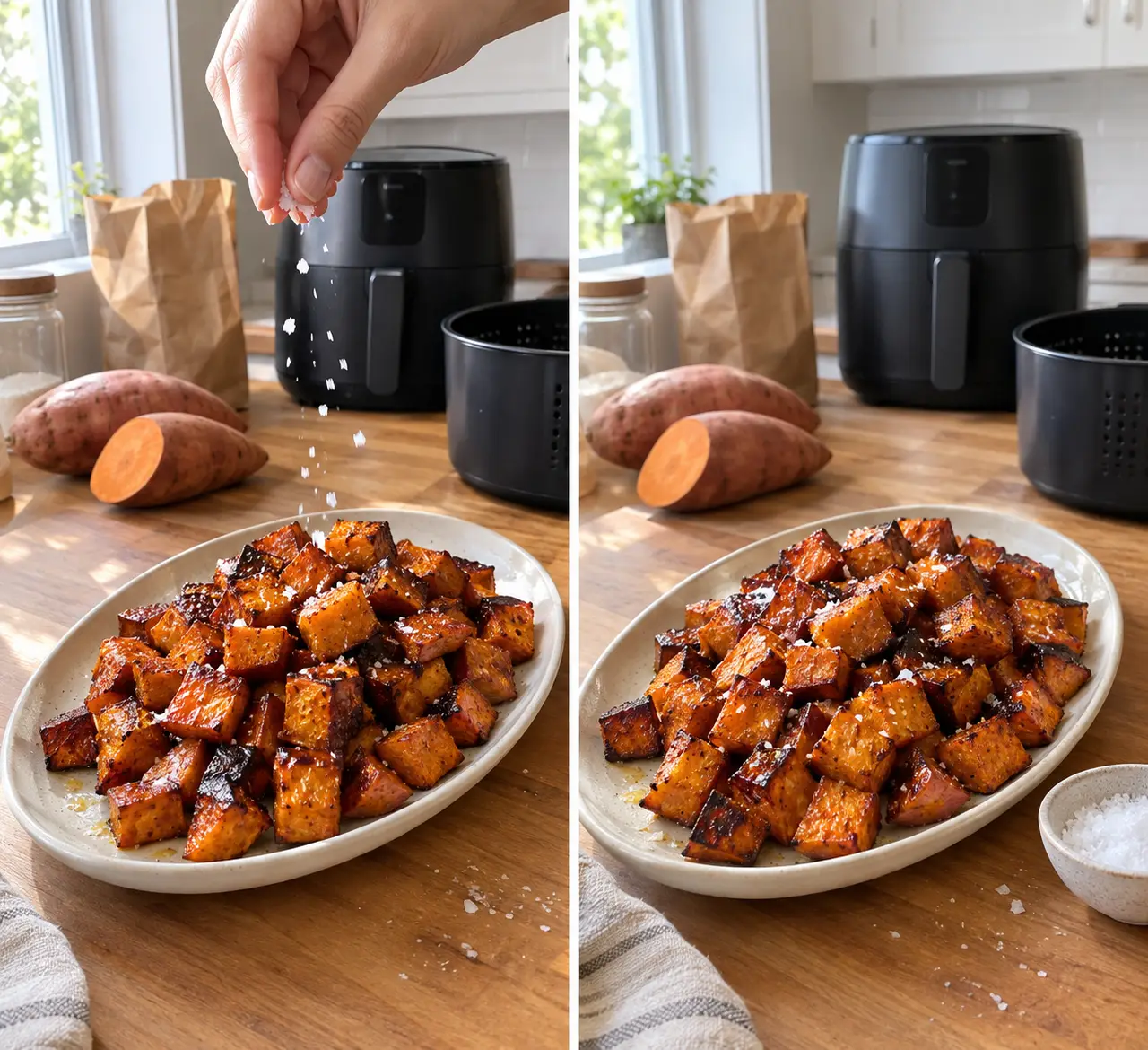 Air fryer sweet potato cubes served in a bowl with dark caramelized edges