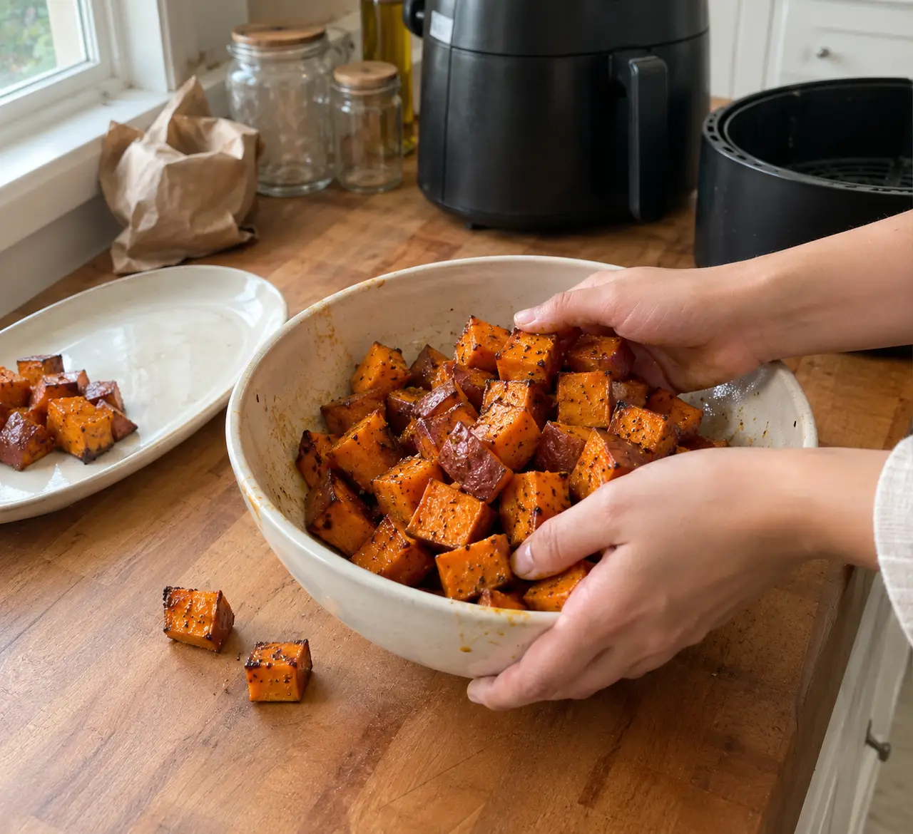 Sweet potato cubes being tossed with oil and spices in a mixing bowl