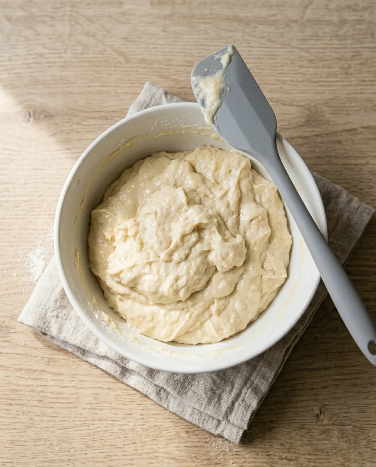 Thick lumpy blueberry muffin batter in a white bowl with a grey spatula resting across the rim