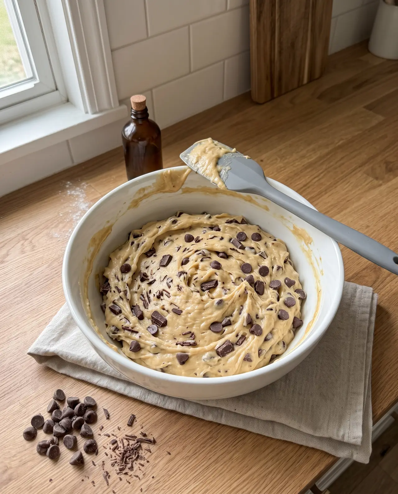 Thick chocolate chip muffin batter in a bowl with a spatula, studded with chips and chopped chocolate chunks
