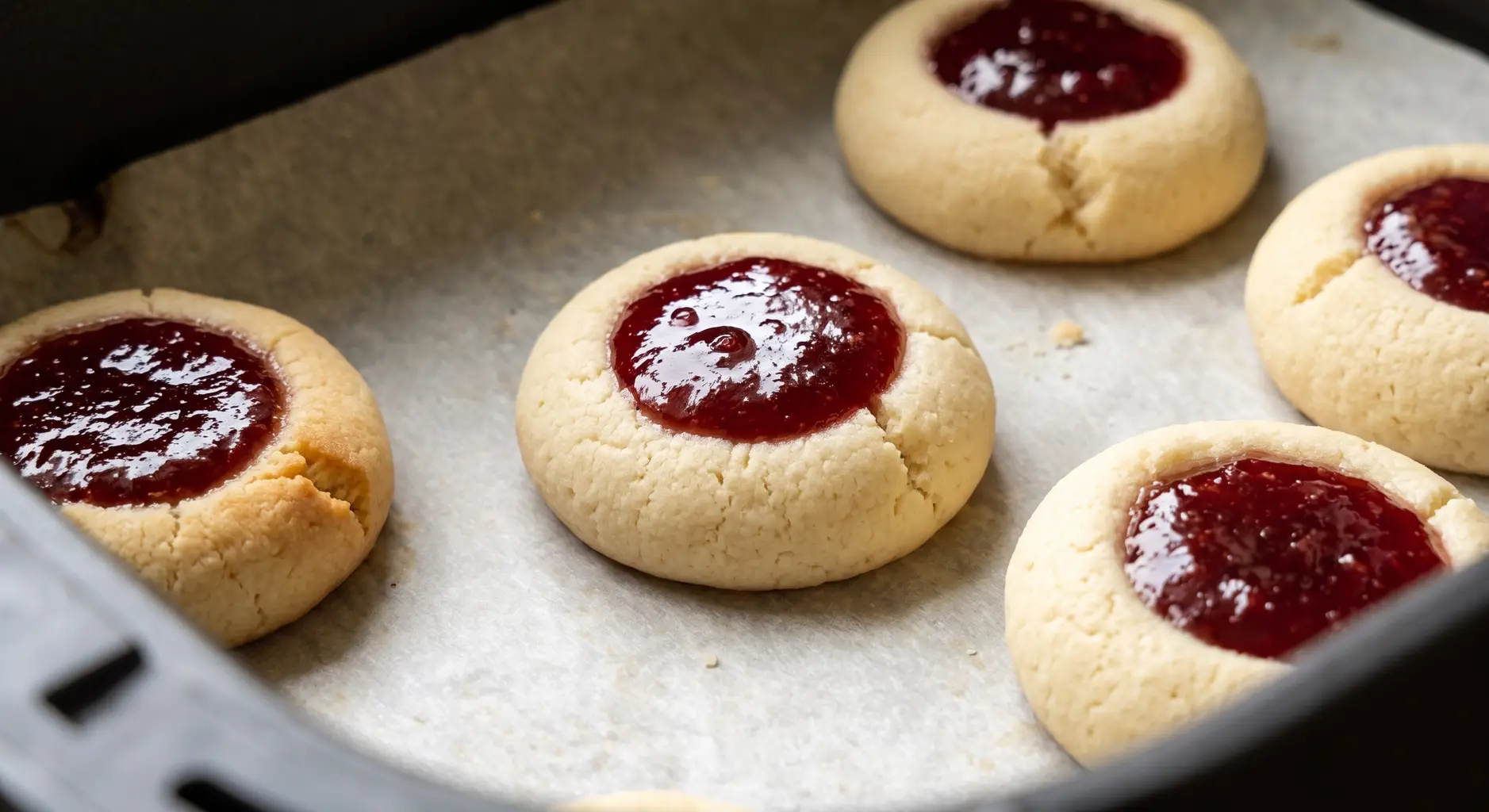 Air fryer thumbprint cookies with glossy set raspberry jam in each well