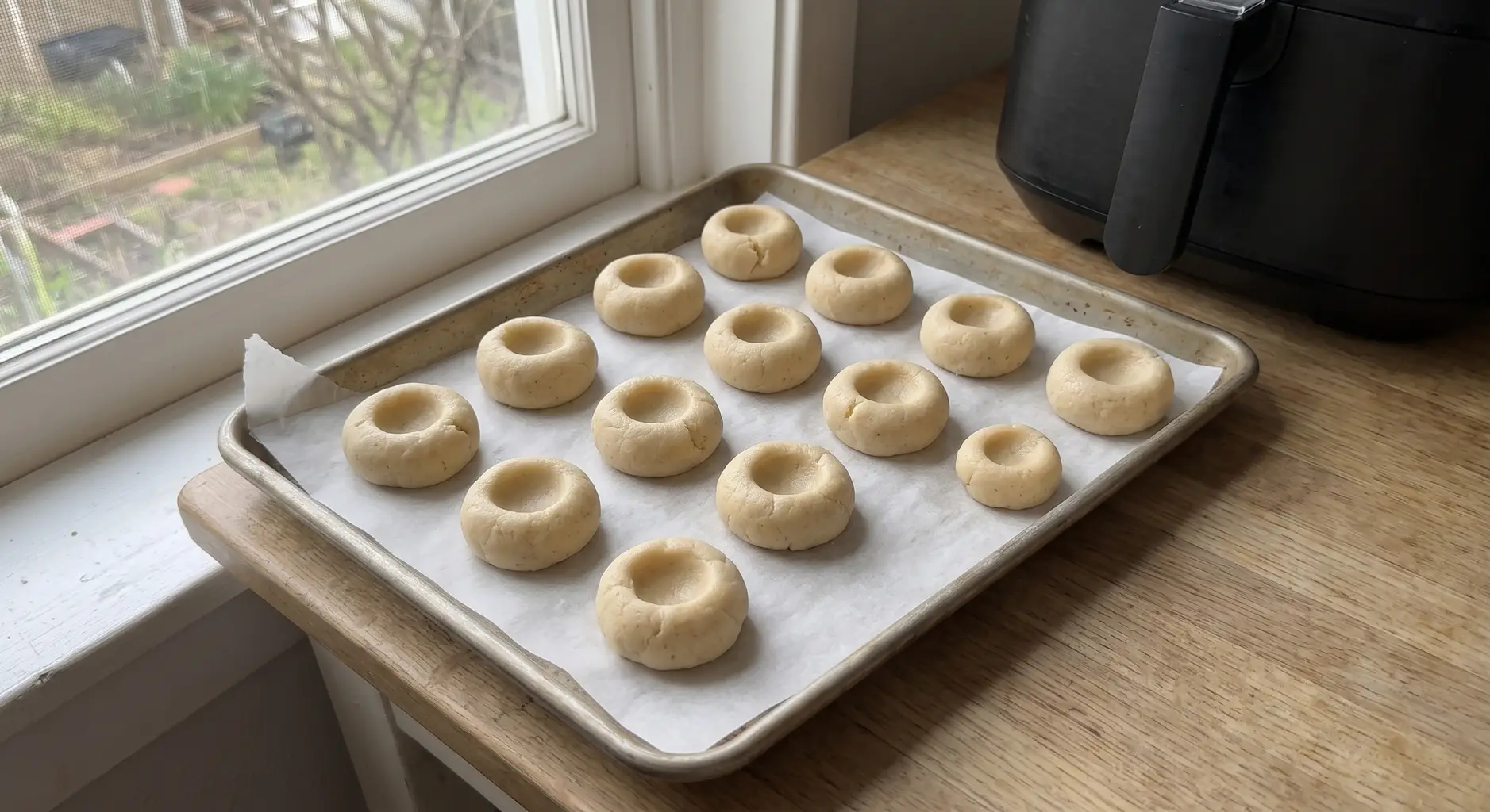 Sixteen shaped thumbprint cookie dough balls with pressed wells on a parchment lined tray