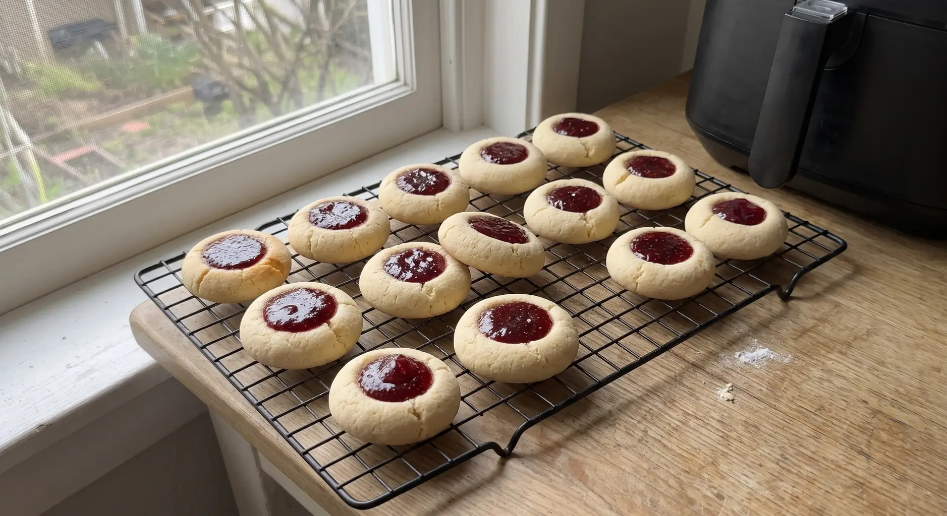 Baked air fryer thumbprint cookies cooling on a wire rack