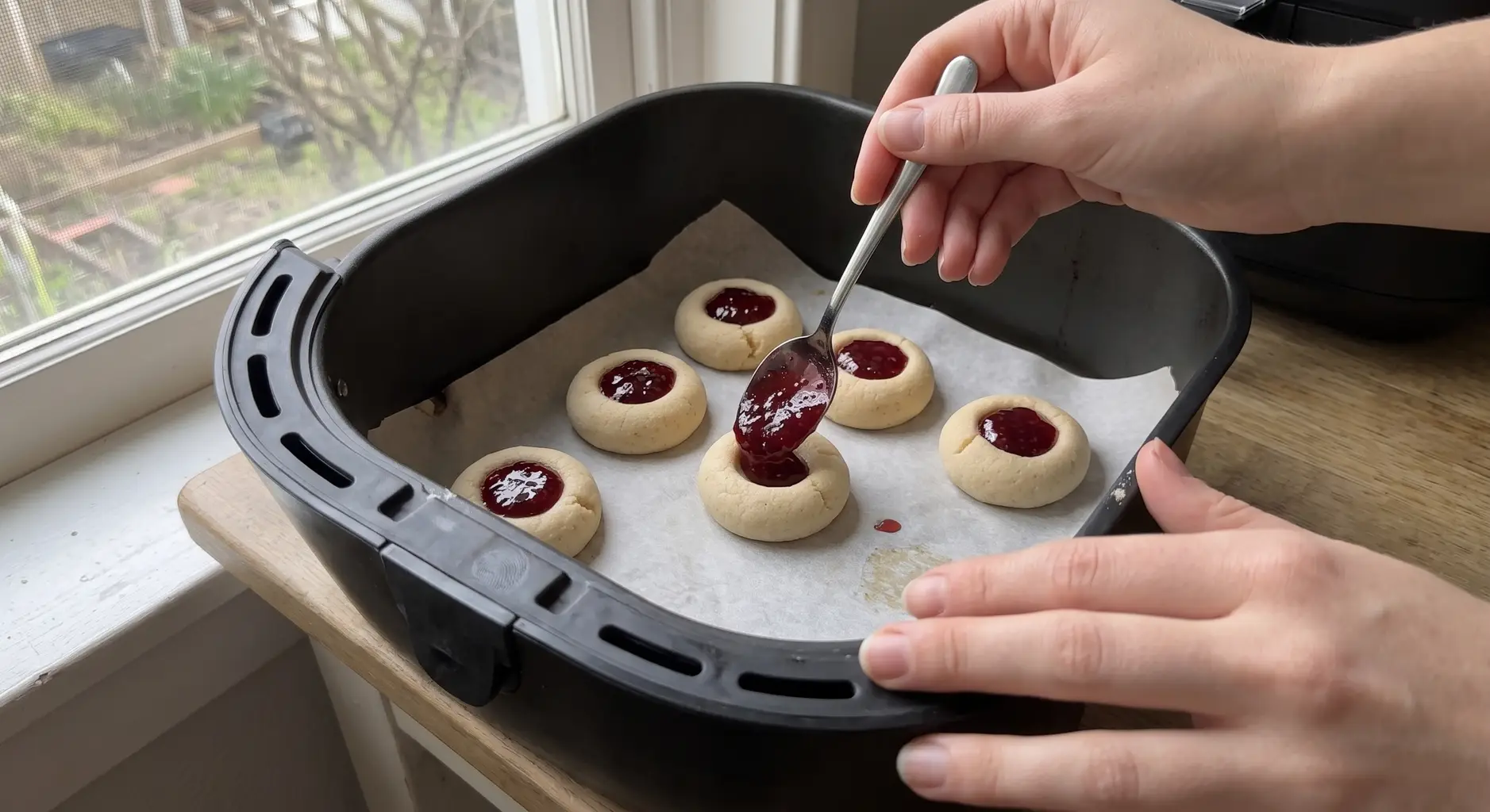 Spooning cold jam into the re-pressed wells of part baked thumbprint cookies in an air fryer basket