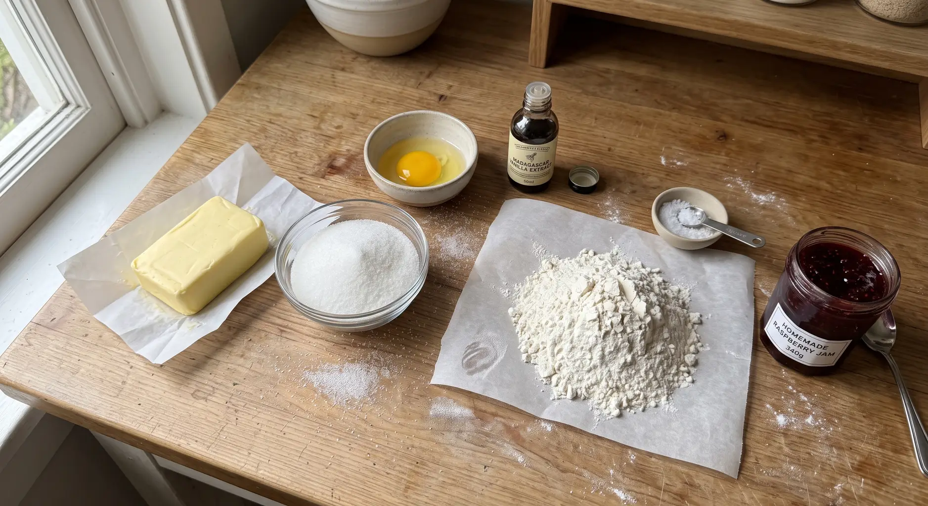 Butter, sugar, egg yolk, vanilla, flour, salt and a jar of jam on a wooden table