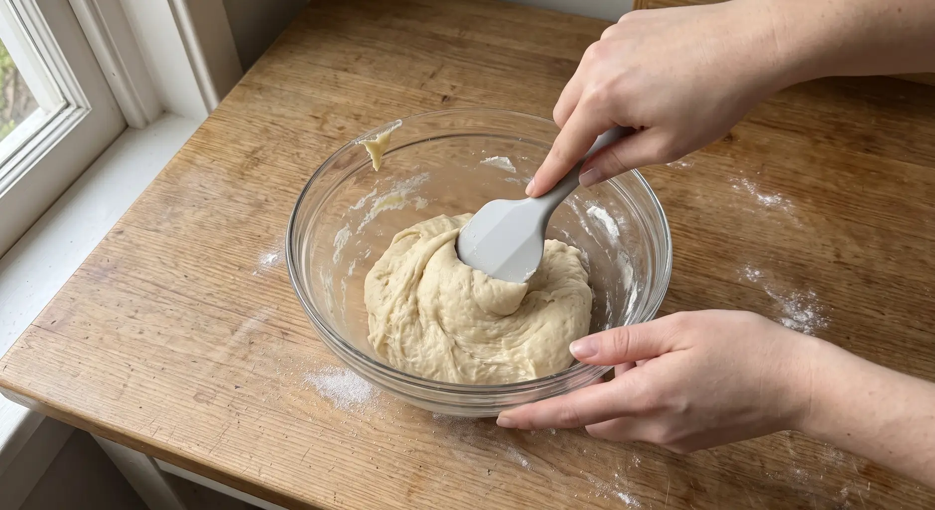 Mixing thumbprint cookie dough in a glass bowl with a spatula