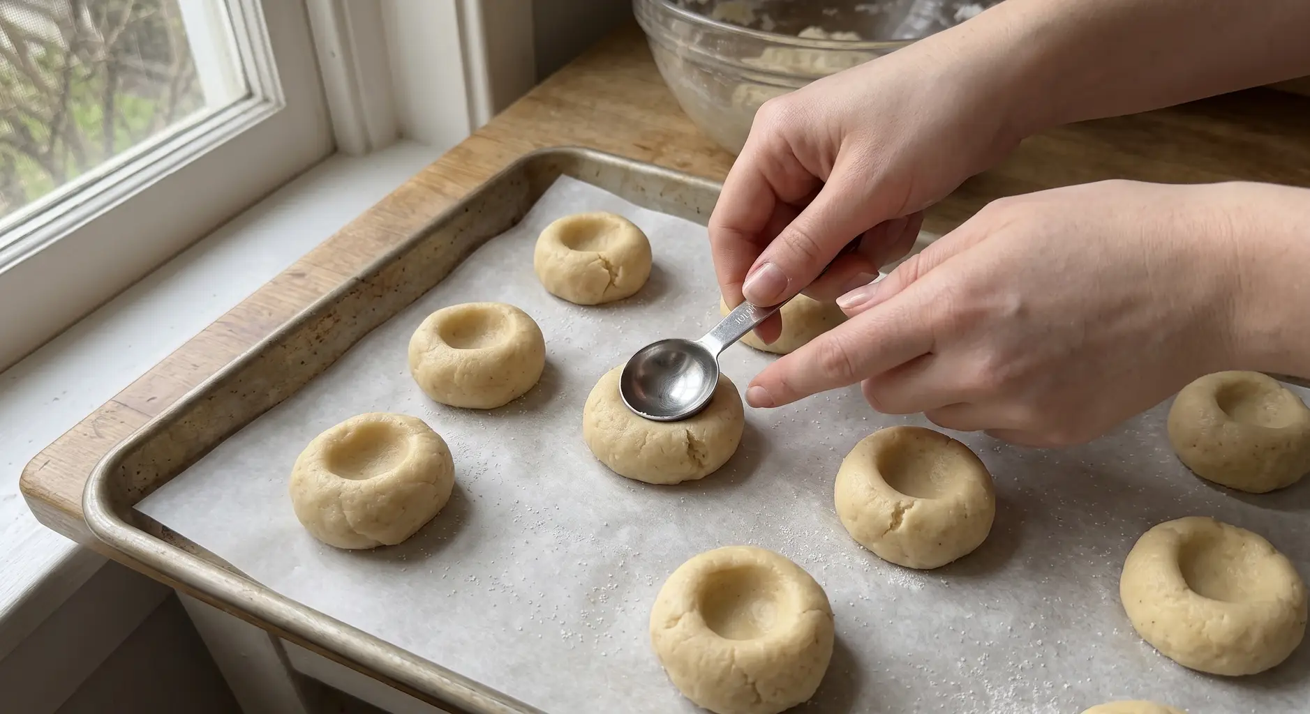 Pressing a well into a thumbprint cookie dough ball with the back of a rounded measuring spoon