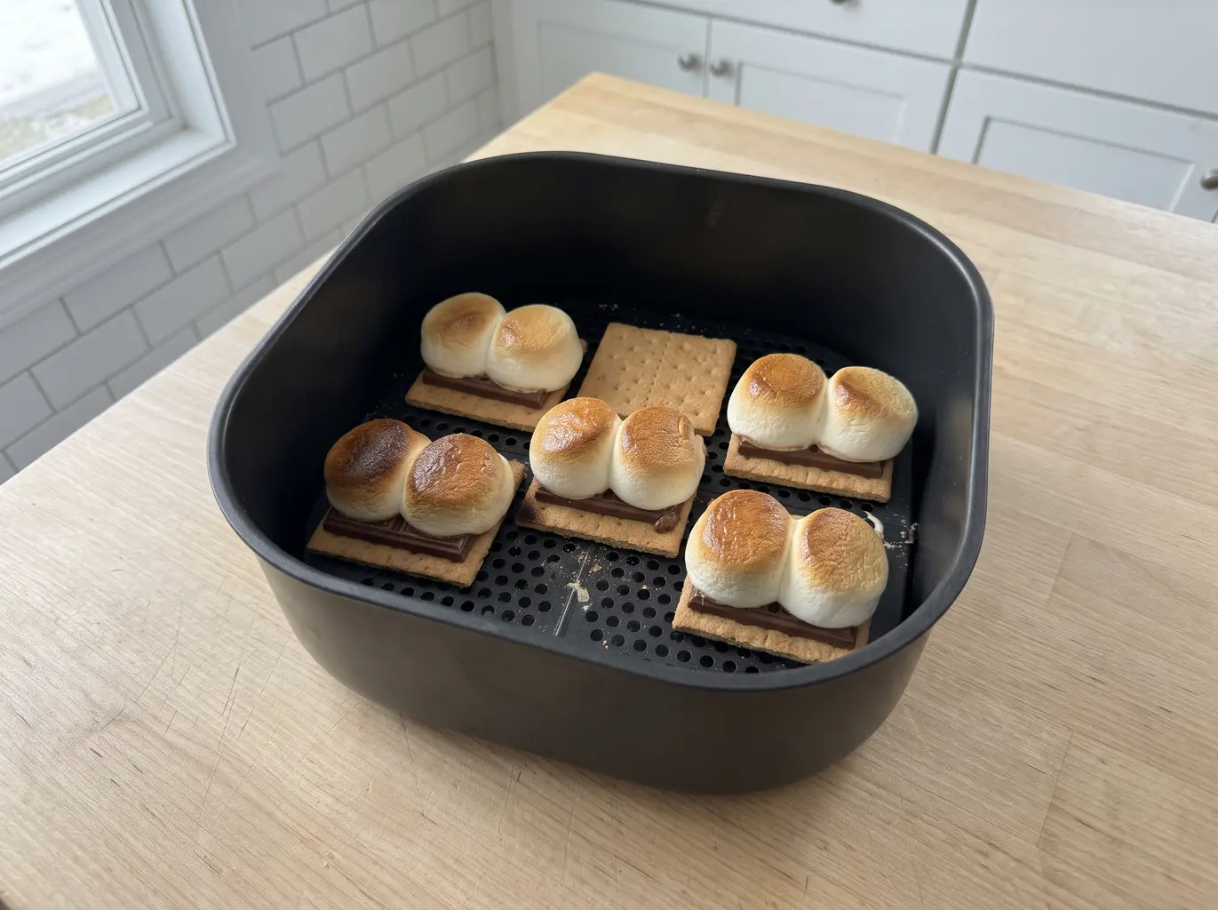Six s'mores toasting in the air fryer basket, marshmallow domes turning golden