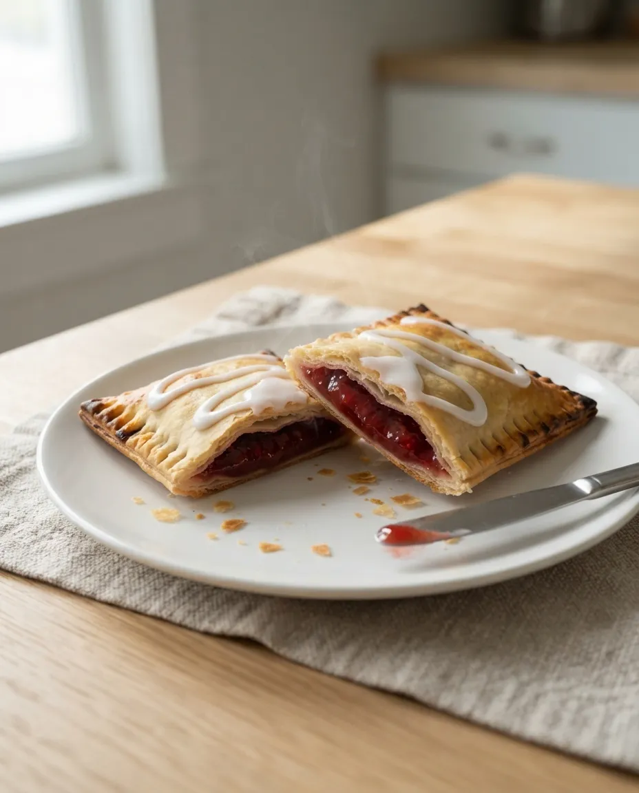 A toaster strudel cut in half on a plate, steam rising from the hot berry filling