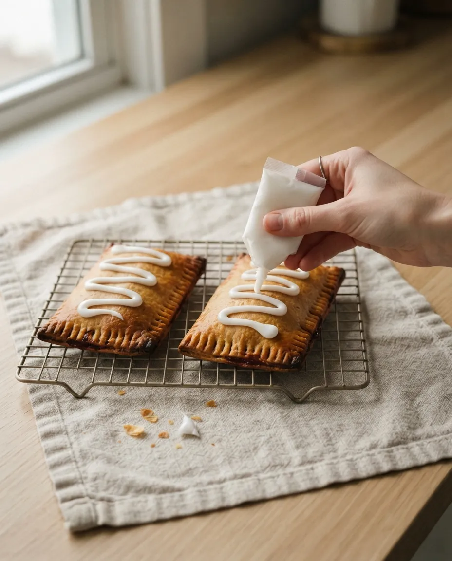 Piping icing in a squiggle onto warm toaster strudels on a cooling rack