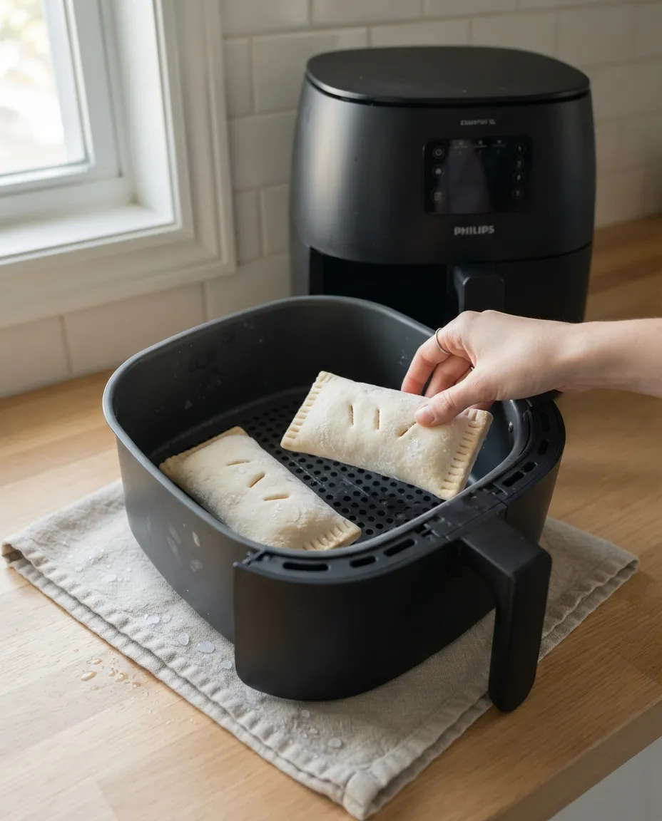 Laying two frozen toaster strudels flat in a bare air fryer basket