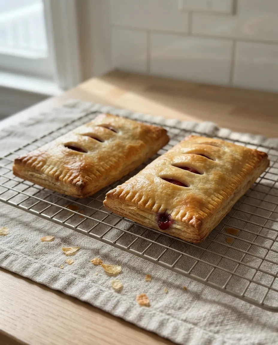 Two baked toaster strudels resting on a wire cooling rack