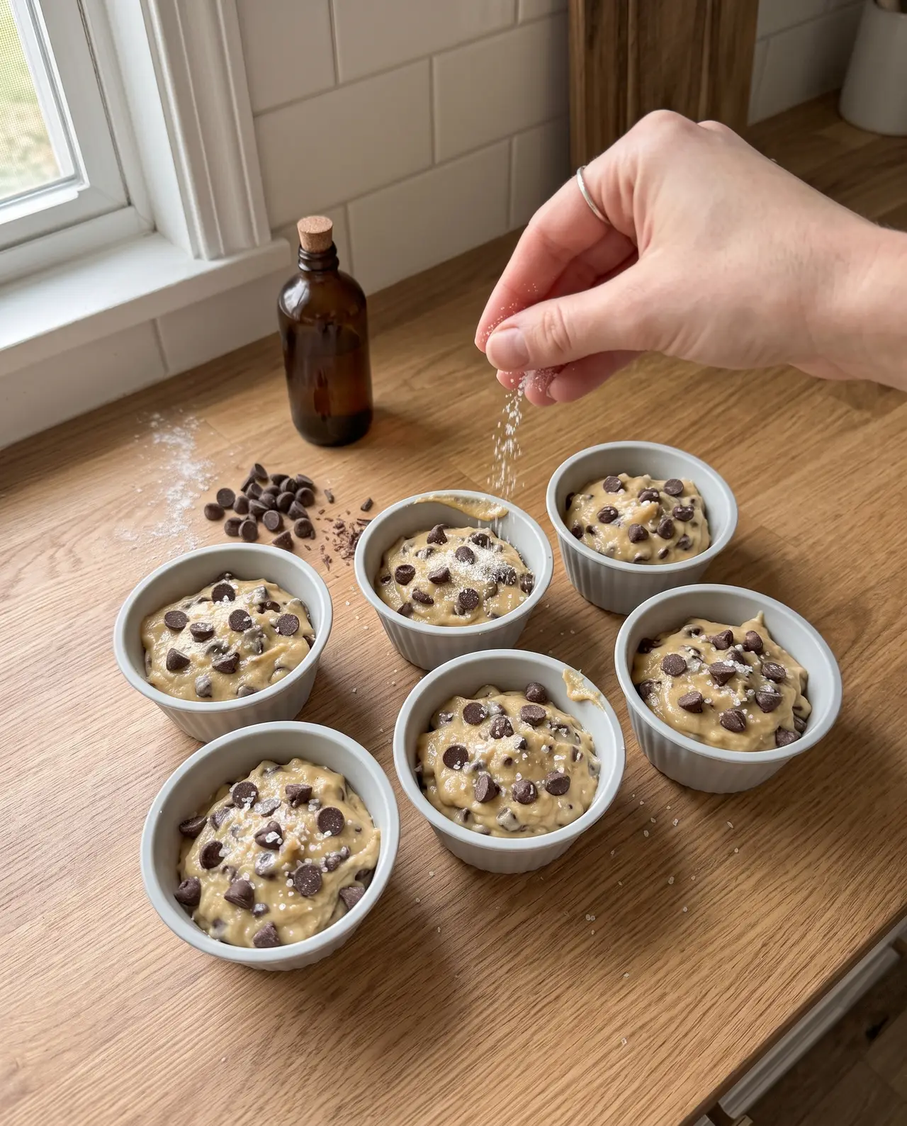 Coarse sugar being sprinkled over six filled silicone cups of chocolate chip muffin batter