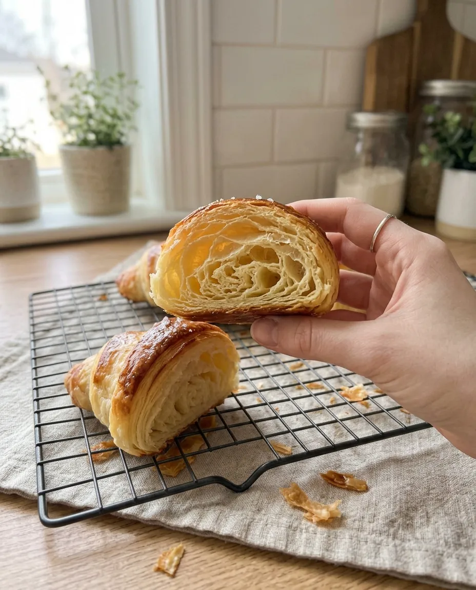 A hand holding an air fryer croissant torn open to show honeycombed flaky layers inside, with more croissants on a cooling rack behind