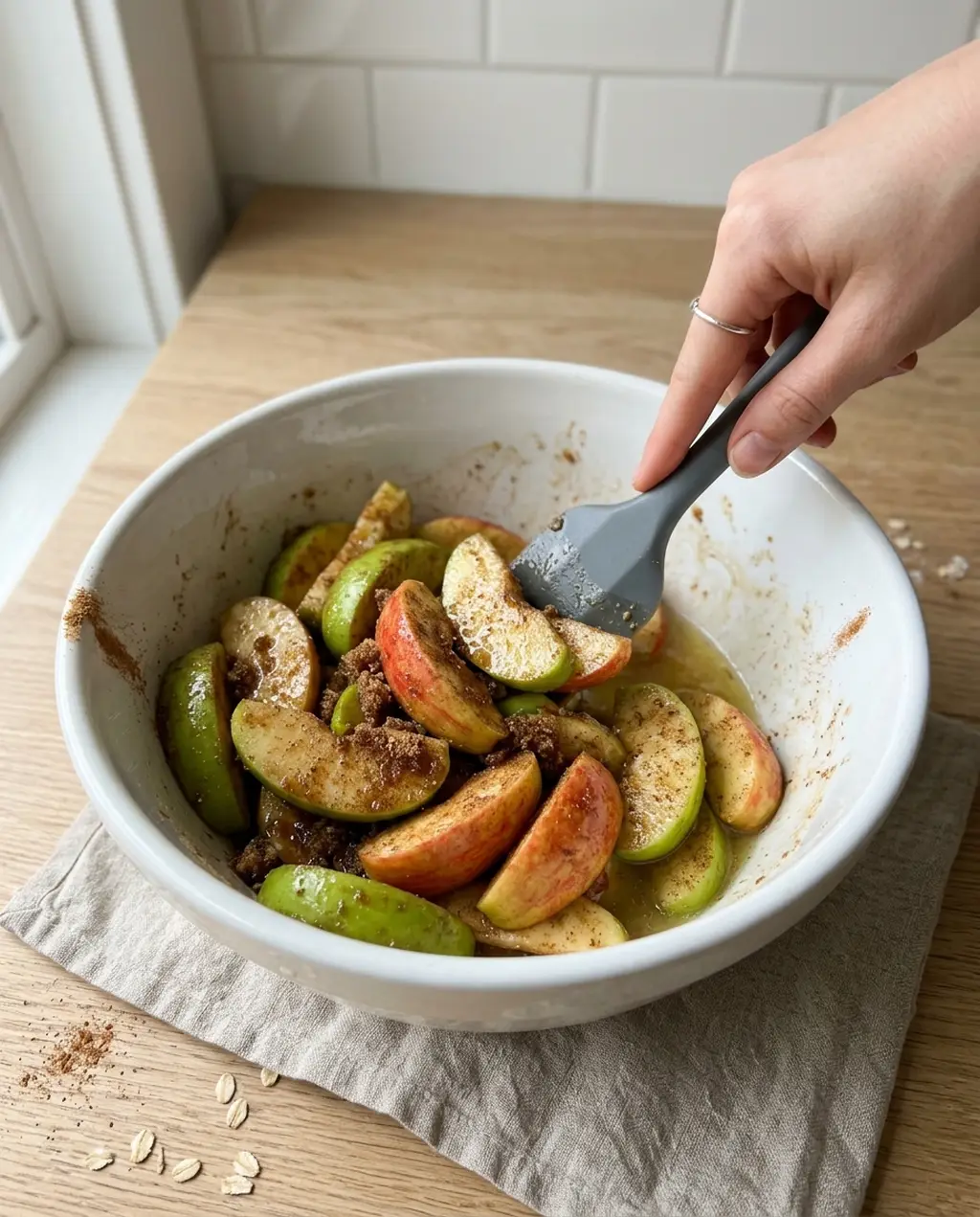 A spatula tossing Granny Smith and red apple slices with brown sugar, cinnamon and cornstarch in a large white bowl