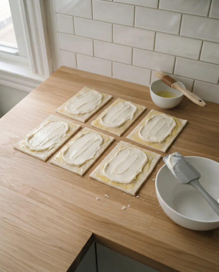 Six unbaked cheese danishes with cream cheese filling spread in the center and egg white brushed on the borders