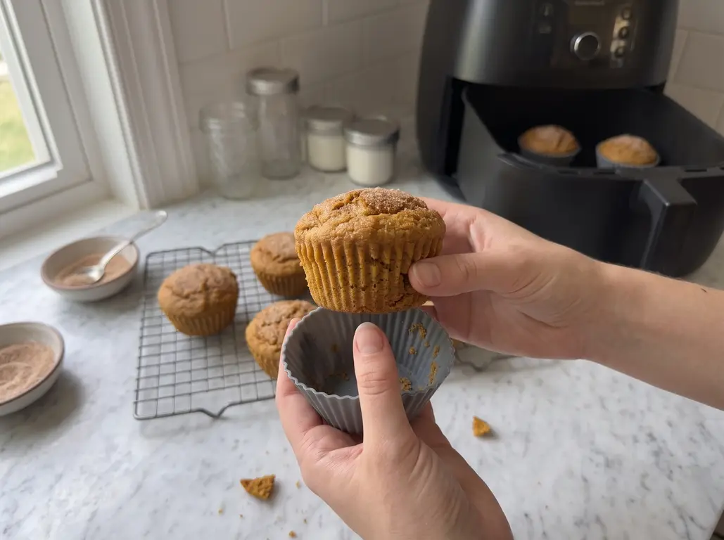Hands pushing a pumpkin muffin out of a silicone cup, with more muffins cooling on a rack