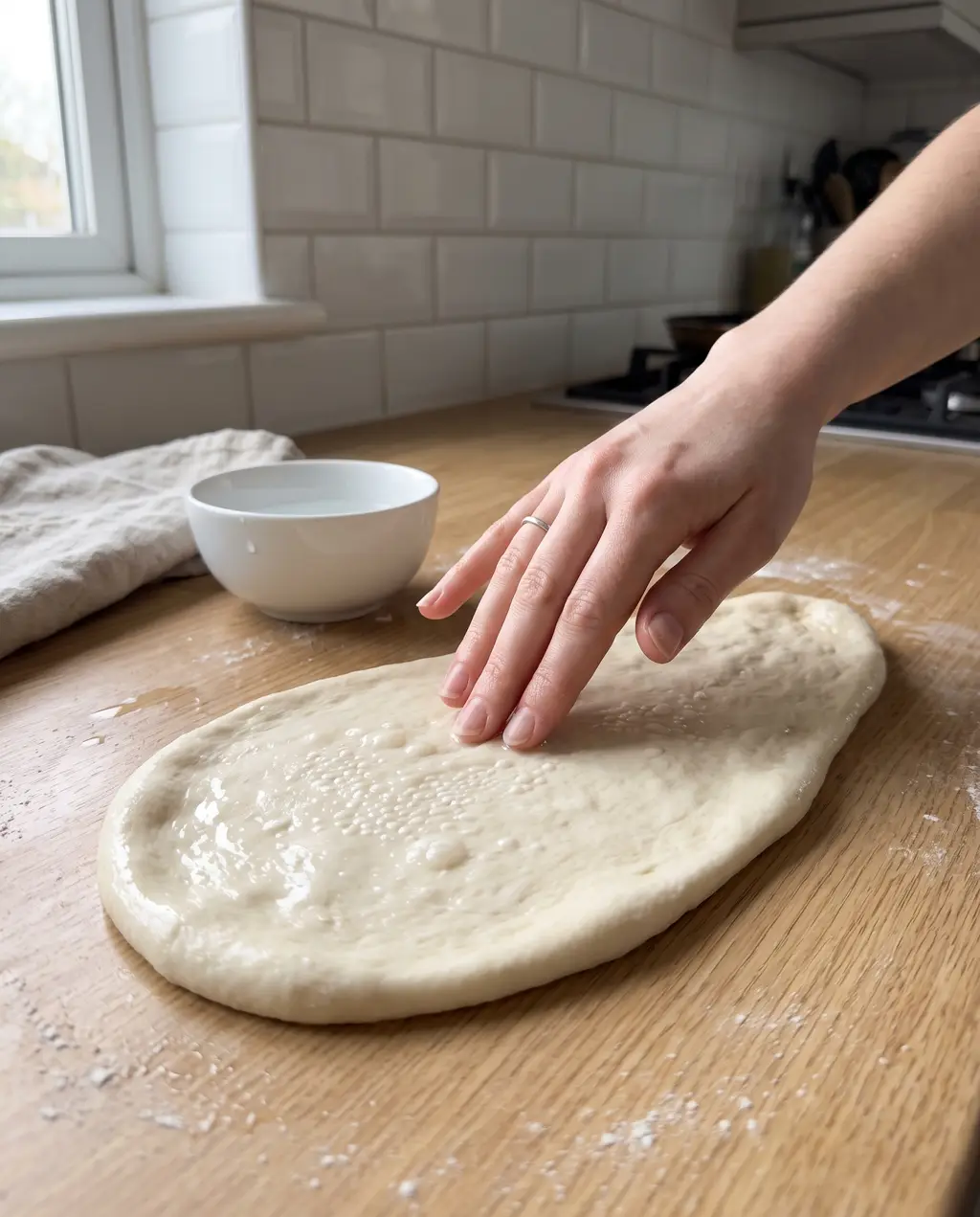 Smoothing a sheen of water across the top of stretched naan dough with damp fingers, a small bowl of water nearby