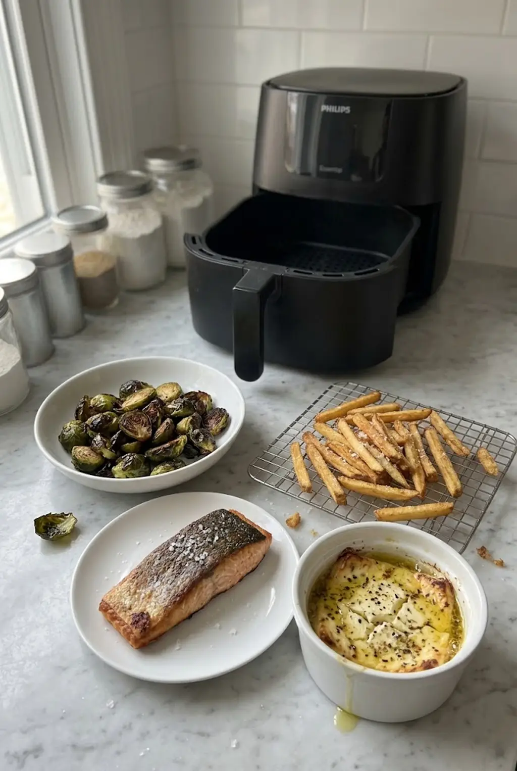 A spread of air fryer foods on a marble counter: roasted brussels sprouts, french fries, a salmon fillet, and baked feta in a ramekin, in front of a Philips air fryer