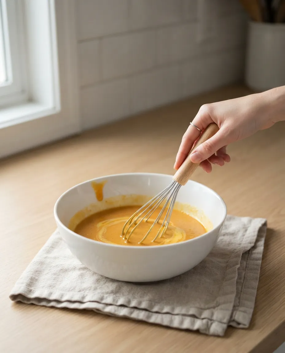 A hand gently whisking eggs into pumpkin pie filling in a white bowl