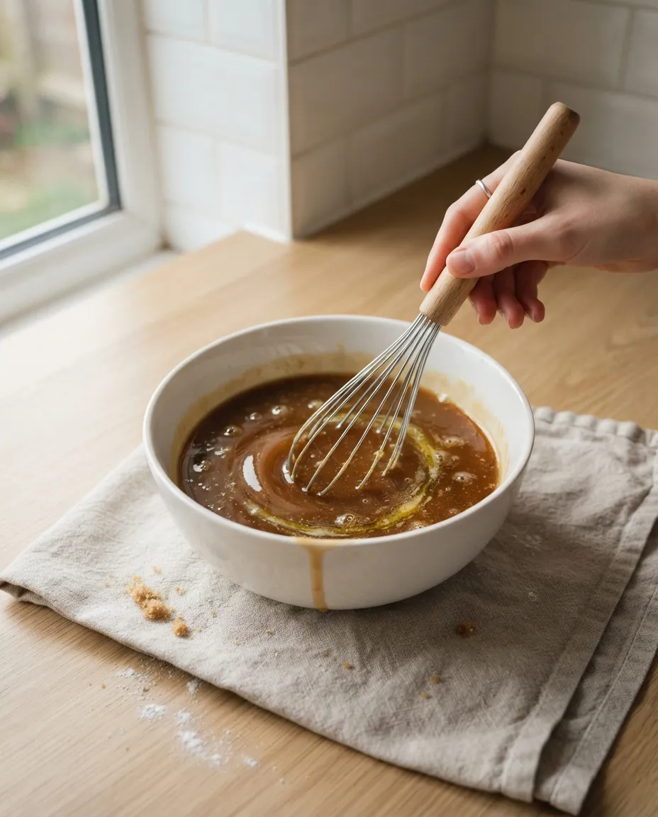 A hand whisking pecan pie custard of corn syrup, eggs and melted butter in a white bowl