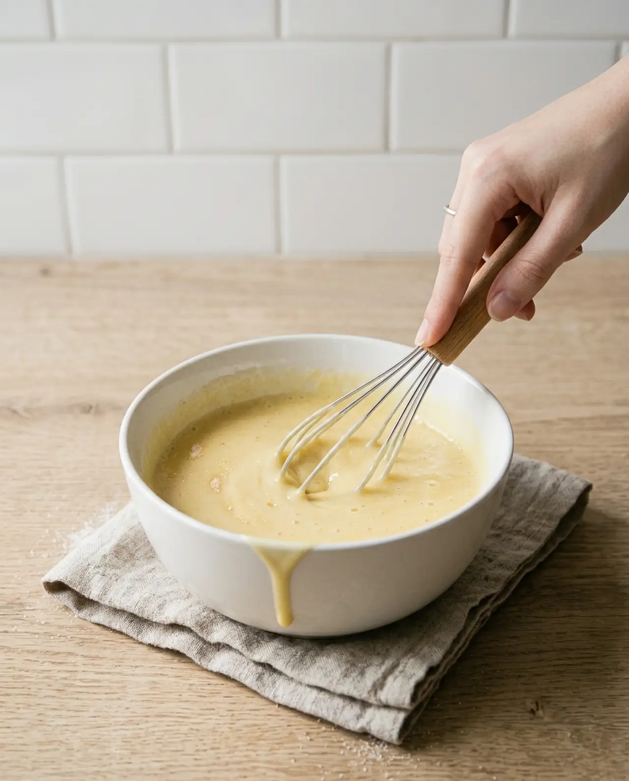 A whisk blending egg, sugar, sour cream, milk and oil into a smooth pale yellow mixture in a white bowl