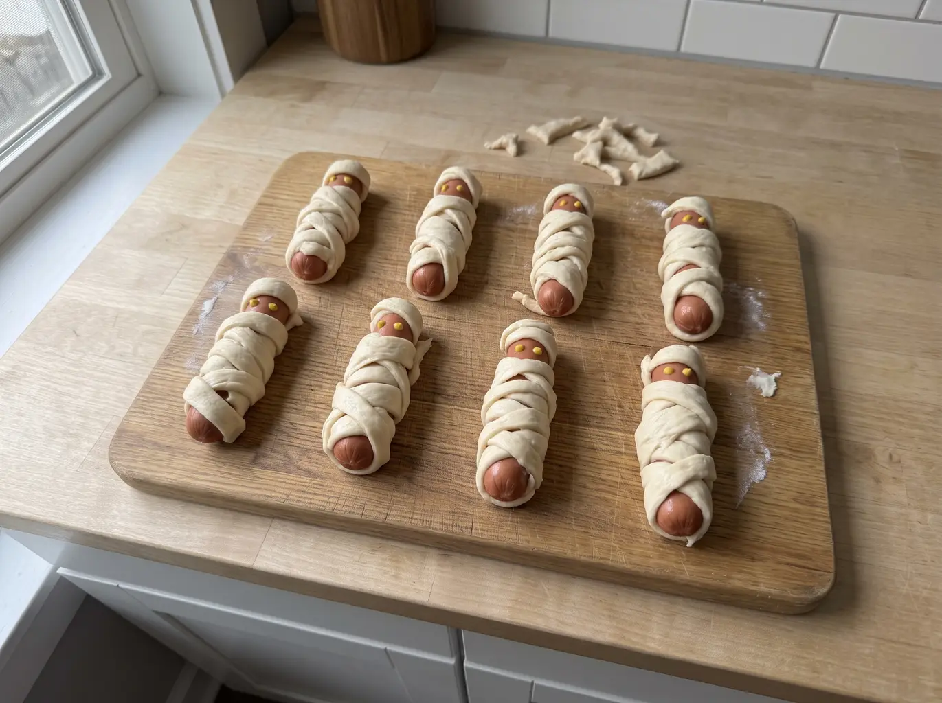 Hot dogs wrapped in crossed crescent dough bandages