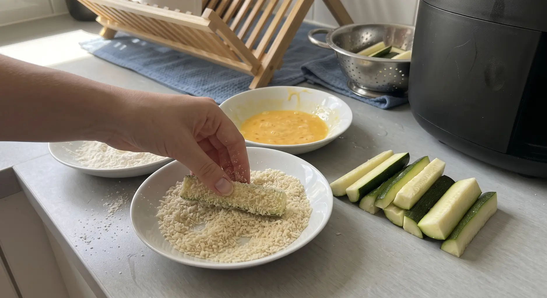 A hand pressing panko onto a zucchini stick over three shallow dishes of flour, beaten egg and crumbs