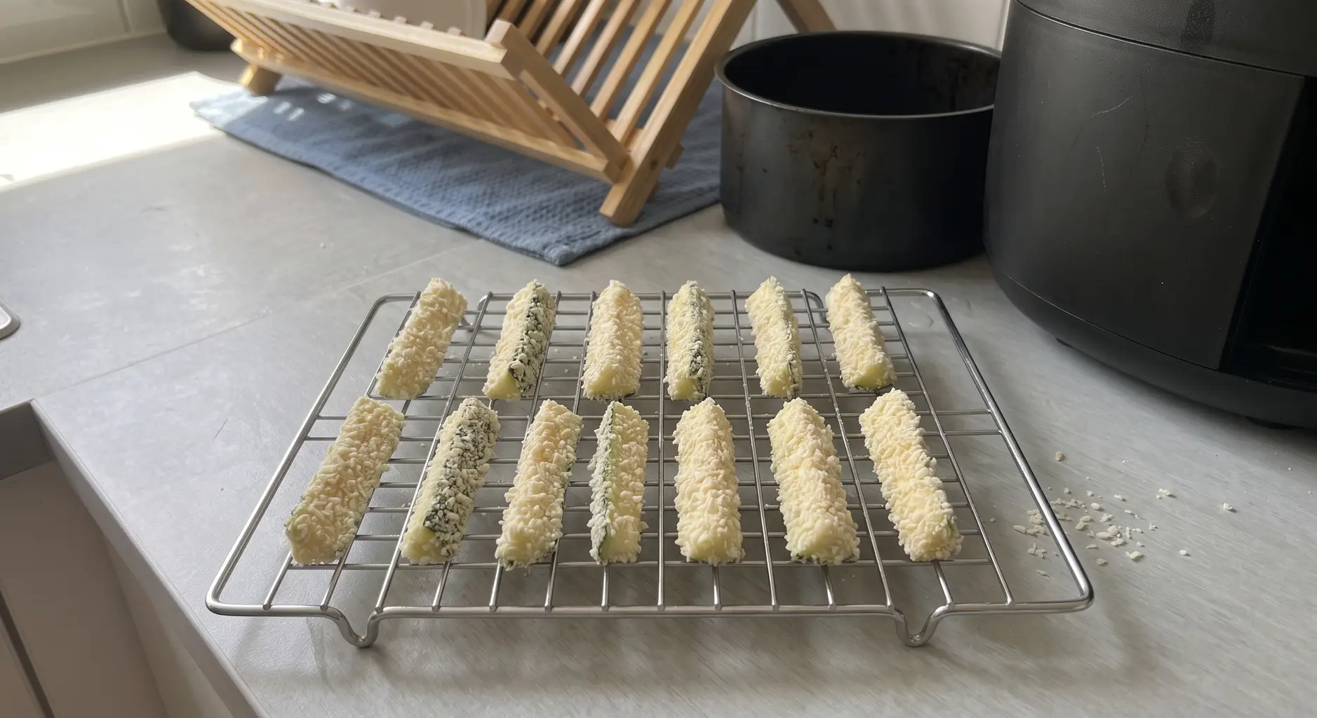 Breaded zucchini sticks resting in rows on a wire cooling rack before air frying