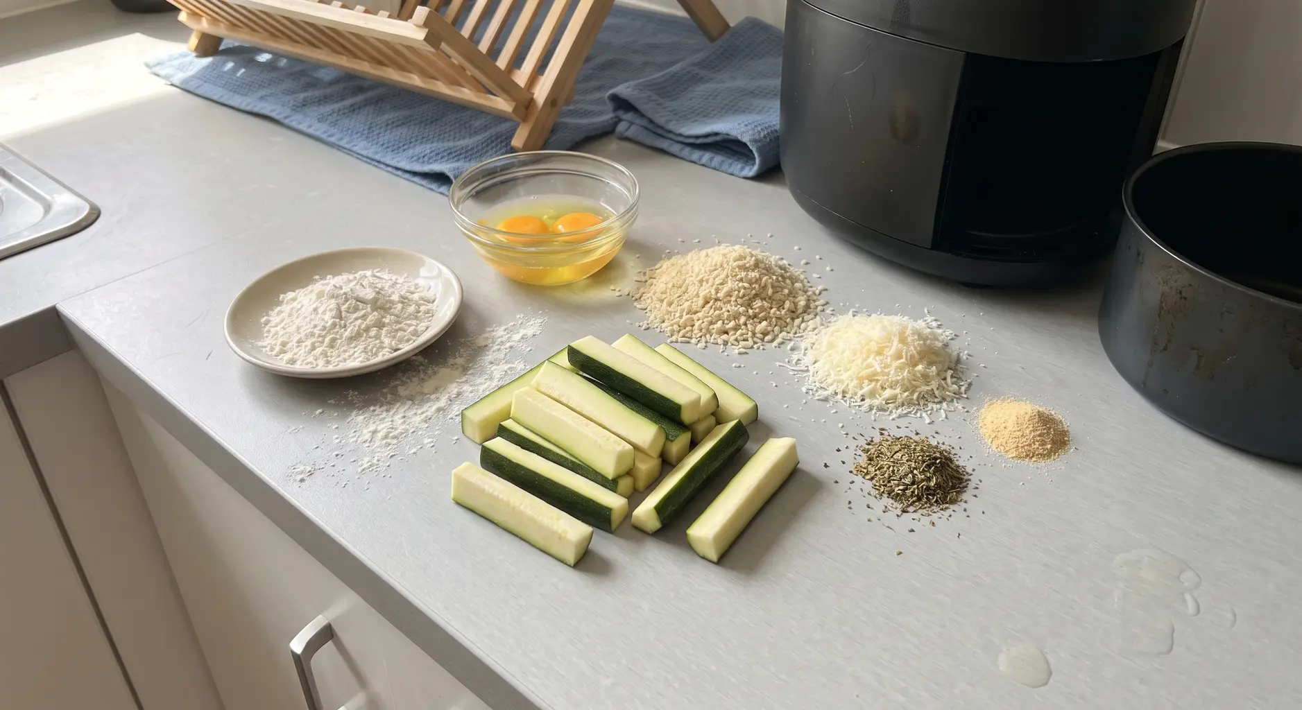 Cut zucchini sticks with flour, beaten eggs, panko, grated parmesan, Italian seasoning and garlic powder on a counter