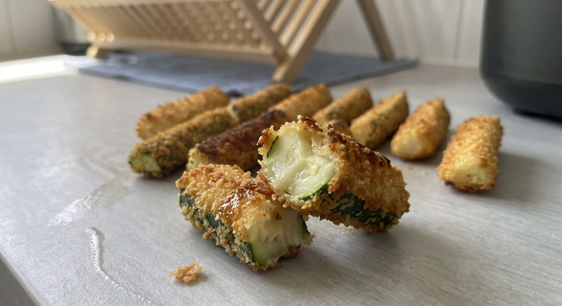 A zucchini fry broken open to show a tender pale interior inside a crisp panko crust