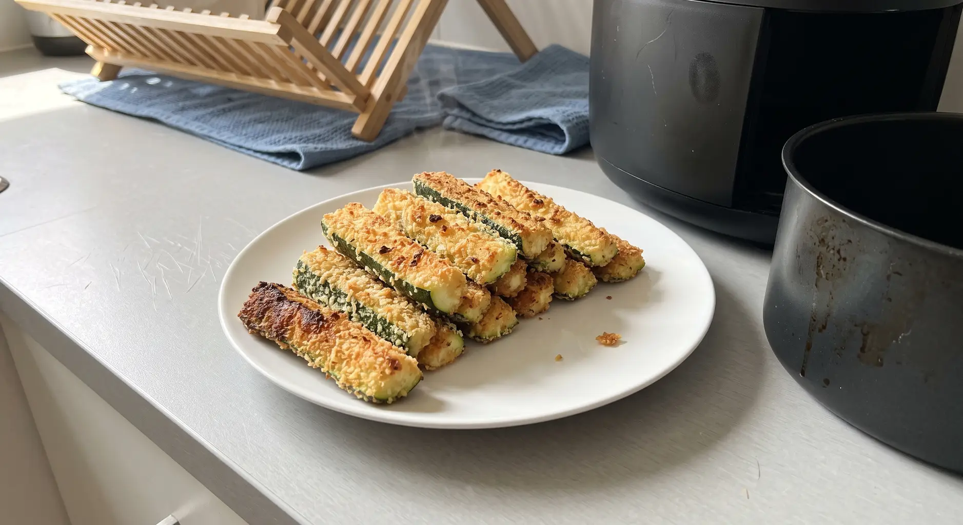 A plate of golden panko-parmesan air fryer zucchini fries stacked beside an air fryer basket