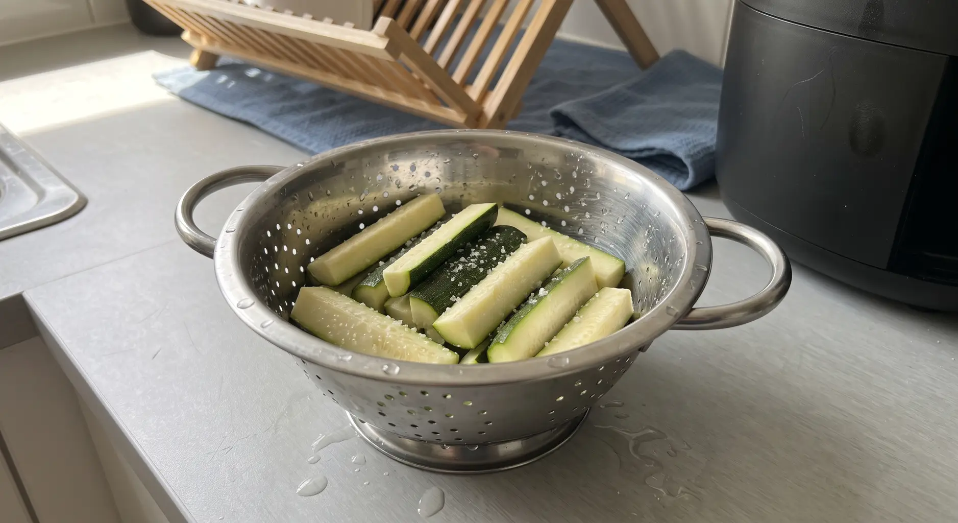 Salted zucchini sticks sweating in a metal colander with water beading on the counter