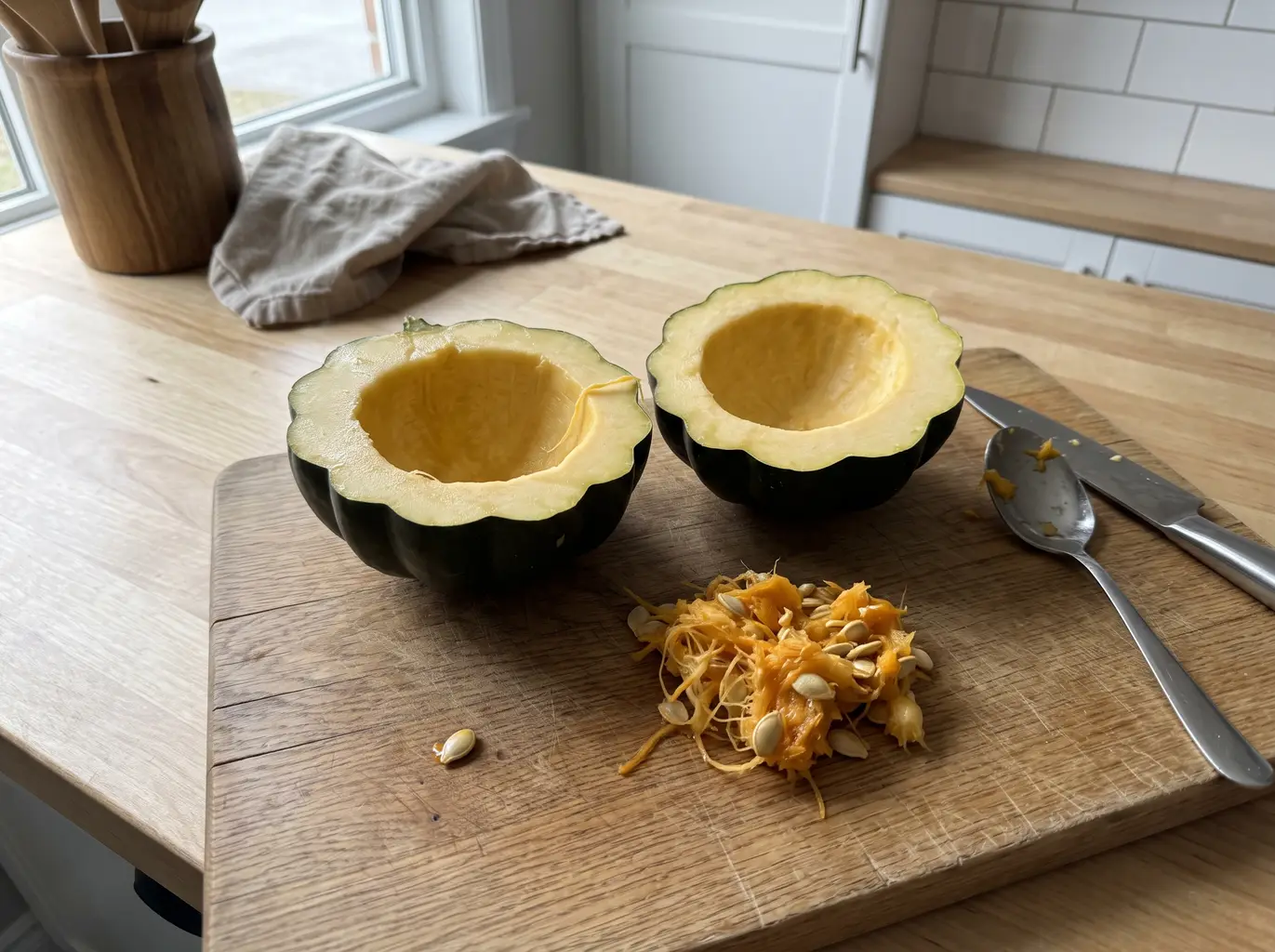 Acorn squash halved and seeds scooped out