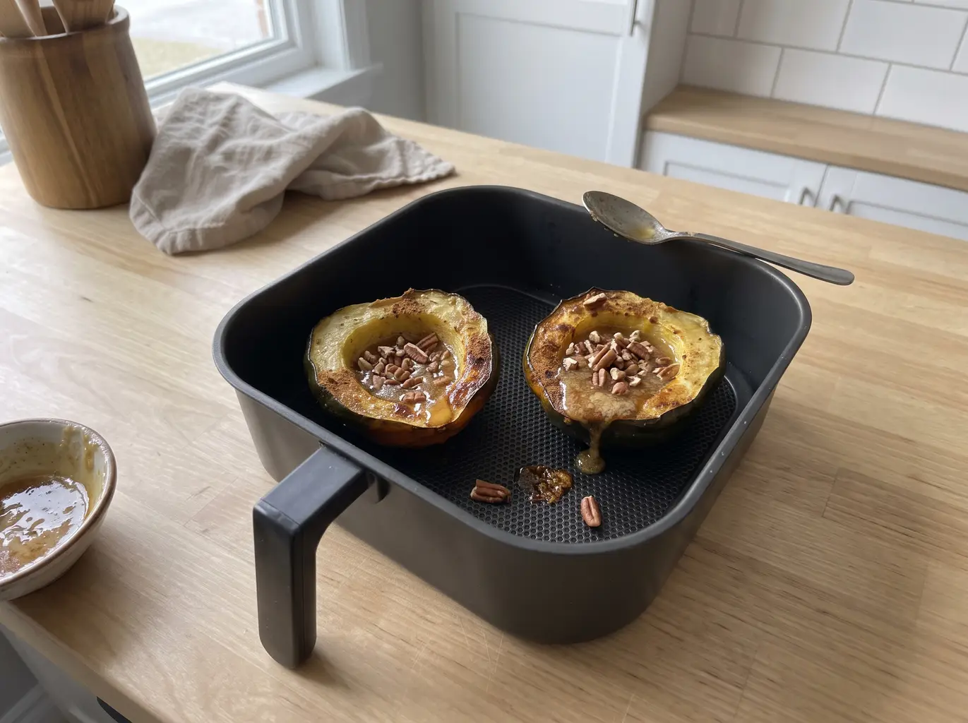 Acorn squash halves filled with maple butter in the air fryer