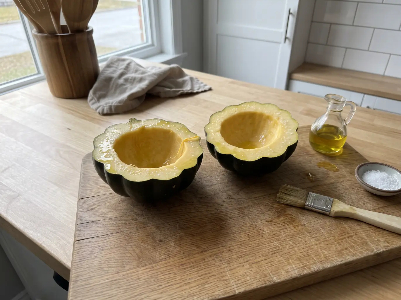Acorn squash cut faces oiled and seasoned