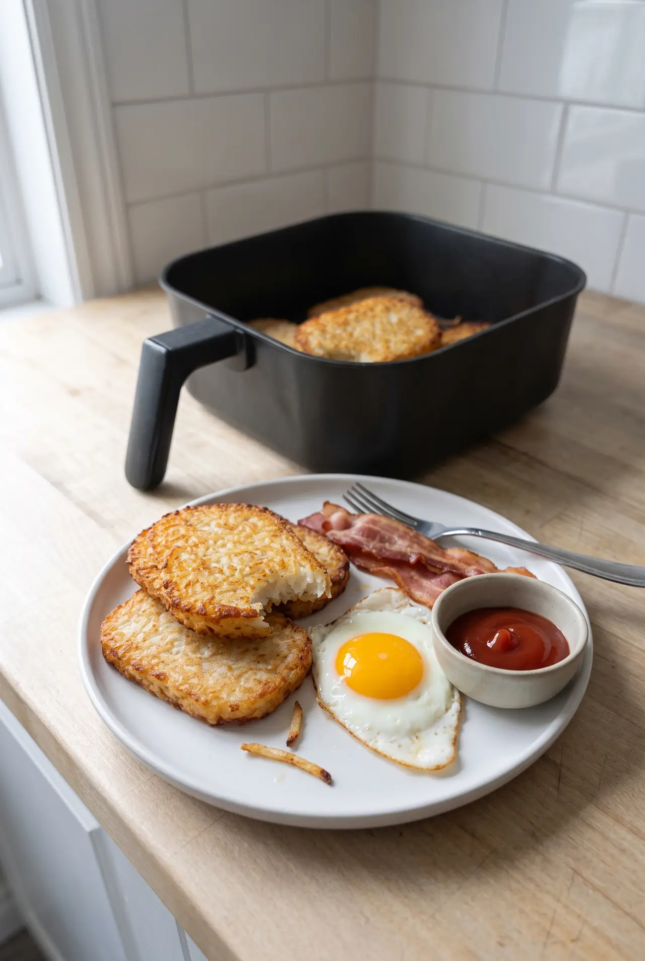 Golden air fryer frozen hash browns served on a plate